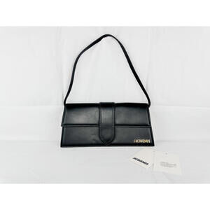 Le Bambino Long Black Leather Shoulder Bag Gold Logo NWT